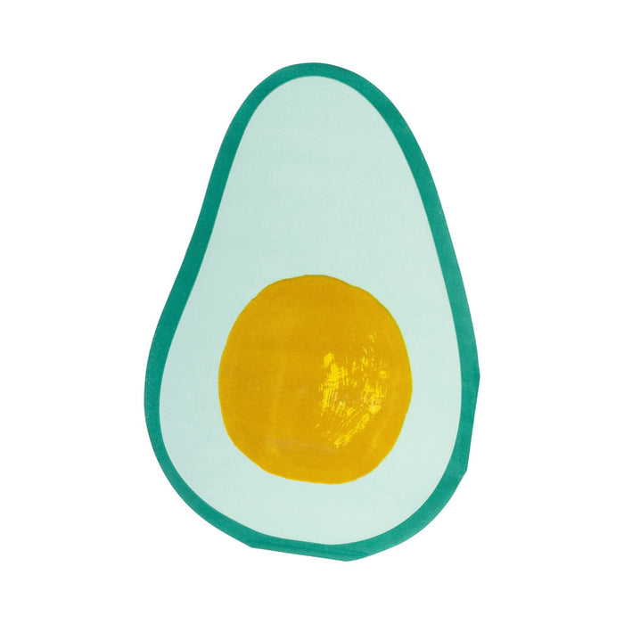 Illustrated avocado design featuring a teal-green outline and skin with a bright yellow center pit on a pale green background.
