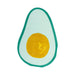 Illustrated avocado design featuring a teal-green outline and skin with a bright yellow center pit on a pale green background.