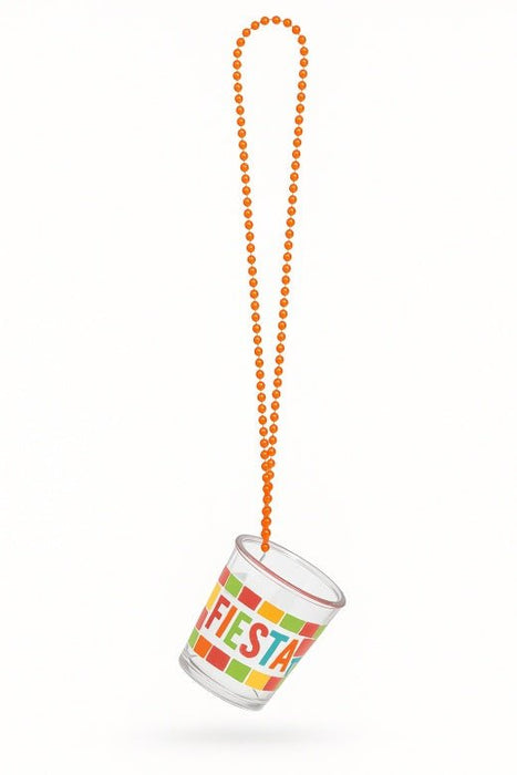 Colorful beaded necklace in orange with a striped shot glass pendant featuring red, yellow, and green bands and "Fiesta" text.
