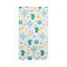 White dinner napkins featuring a repeating pattern of turquoise cacti, green potted succulents, and colorful flowers in pink, purple, and yellow with scalloped bottom edges.