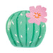 Turquoise round plate with vertical ribbed cactus design, white spines, and a pink flower with orange center blooming from the top.