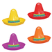 Four colorful plastic mini sombreros in yellow, red, purple, and orange, each featuring a decorative turquoise and green band around the crown.