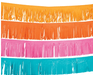 Four horizontal stripes of fringe garland in gold, orange, hot pink, and turquoise arranged in a stacked display.
