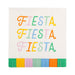 Cream cocktail napkin with "Fiesta Fiesta Fiesta" printed in multicolored letters and a colorful fringe trim along the bottom edge.