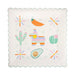 Cream-colored plate with scalloped edge featuring colorful illustrations including a piñata, cactuses, avocado, chili pepper, flowers, and decorative elements in orange, pink, green, and blue.