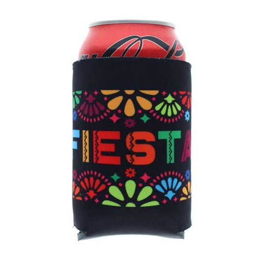Black neoprene can koozie with colorful geometric fiesta-inspired patterns including fan shapes and "FIESTA" text in red, yellow, green, and blue.