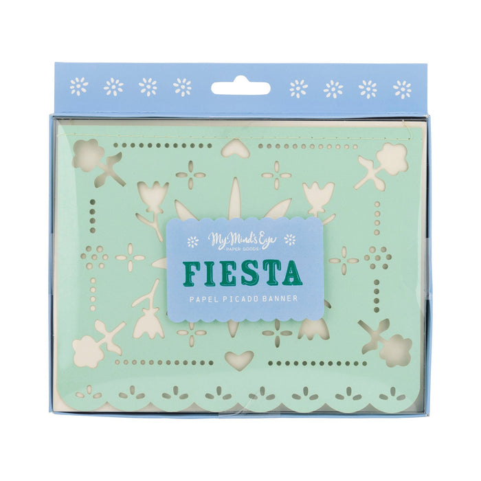 Mint green papel picado banner with cream-colored cutout designs including flowers, hearts, and geometric patterns, packaged in a blue box with white daisy decorations.