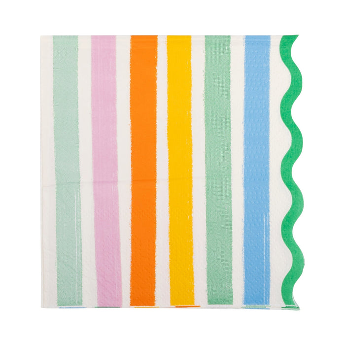 Colorful striped cocktail napkins featuring vertical stripes in mint green, pink, orange, yellow, and blue with white spaces between, finished with a wavy green scalloped edge on the right side.