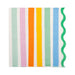 Colorful striped cocktail napkins featuring vertical stripes in mint green, pink, orange, yellow, and blue with white spaces between, finished with a wavy green scalloped edge on the right side.
