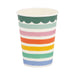 Disposable paper cup with horizontal rainbow stripes in green, teal, pink, orange, yellow, and blue, separated by white bands, featuring a decorative scalloped green rim.