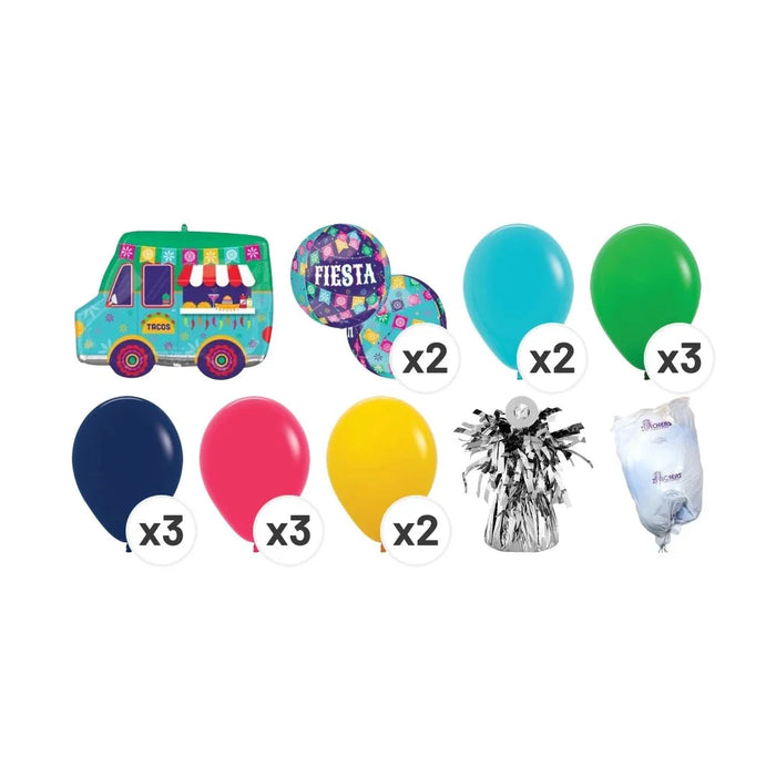 Fiesta-themed balloon bouquet featuring a colorful taco truck foil balloon, two purple fiesta foil balloons, two turquoise latex balloons, three green latex balloons, three navy latex balloons, three hot pink latex balloons, two yellow latex balloons.