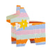 Colorful cardboard treat box with horizontal stripes in orange, blue, pink, green, and cream, decorated with a yellow flower and white daisy, designed for party favors or celebrations.