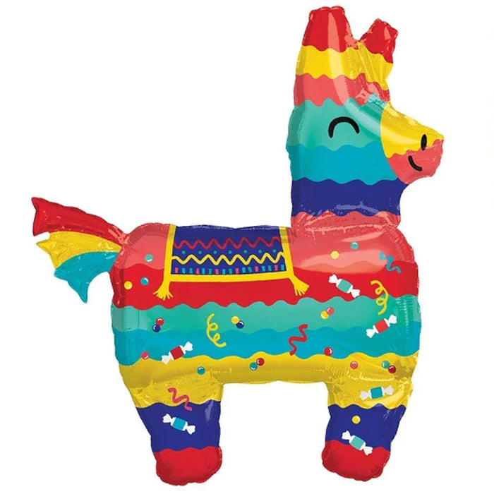 Colorful foil piñata balloon in the shape of a llama with horizontal stripes in red, yellow, turquoise, and navy blue, decorated with confetti patterns and a smiling face.