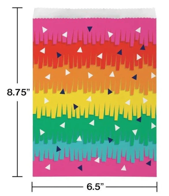 Colorful paper treat bags measuring 6.5 by 8.75 inches featuring horizontal rainbow stripes in pink, red, orange, yellow, green, teal, and magenta with white and black triangle designs throughout.