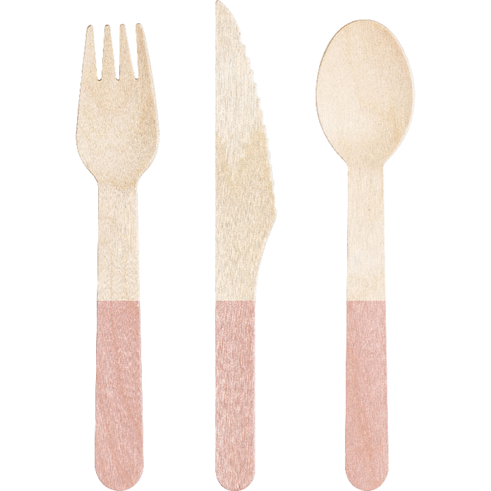 A 6.5-inch fork, spoon, and knife from Classic pink Wood Assorted Cutlery pack.  Comes in a pack of 24.