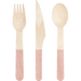 A 6.5-inch fork, spoon, and knife from Classic pink Wood Assorted Cutlery pack.  Comes in a pack of 24.