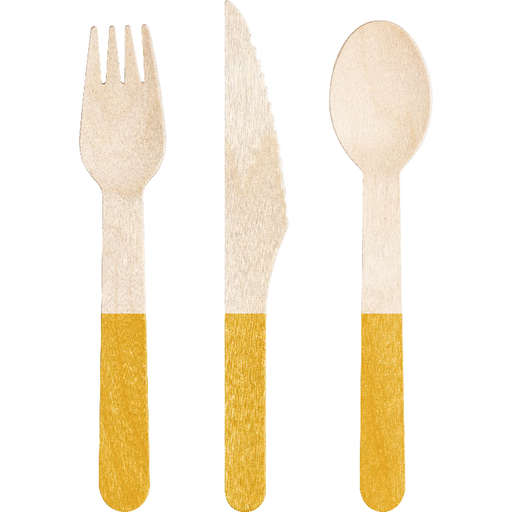 A 6.5-inch fork, spoon, and knife from Yellow Wood Assorted Cutlery pack.  Comes in a pack of 24.