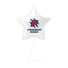 White star-shaped mylar balloon with red and blue "F" logo and "CONGRATS NAME!" text printed on it.