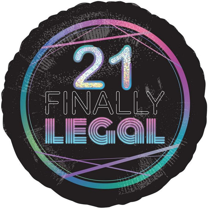 Round black mylar balloon with neon holographic "21" and "FINALLY LEGAL" text in pink, blue, and cyan, surrounded by gradient circular borders.