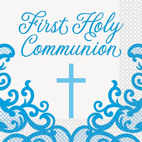 First Holy Communion Blue Fancy Cross Lunch Napkins | 16ct