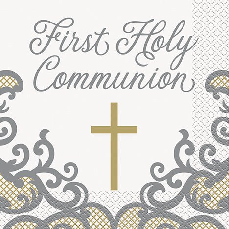First Holy Communion Gold Fancy Cross Lunch Napkins | 16ct