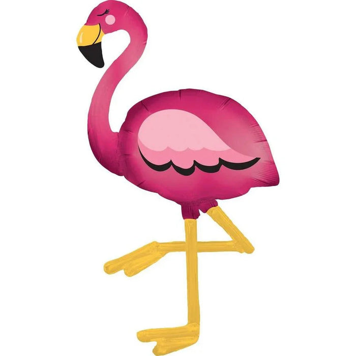 Hot pink inflatable flamingo balloon with a curved neck, yellow beak, light pink wing detail, and yellow legs standing upright.