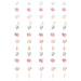 Five vertical strands of hanging paper flowers in pink and peach with green leaves and tassels arranged in a repeating pattern on a white background.