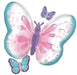 Large mylar balloon featuring a large purple and pink butterfly with turquoise wing edges surrounded by two smaller decorative butterflies in matching colors.
