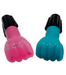Two colorful foam fist toys displayed side by side, one bright pink and one teal blue, each with a black cuff at the wrist and textured fingers.