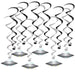 Five metallic UFO saucers with glowing domes in silver and black, suspended by black and gray spiral swirls above them against a white background.
