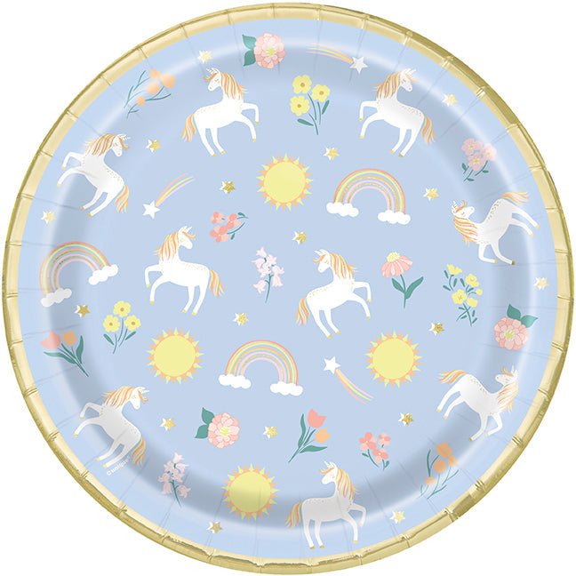 Light blue disposable plate with gold foil rim featuring white unicorns, rainbows, yellow suns, colorful flowers, and gold stars throughout the design.