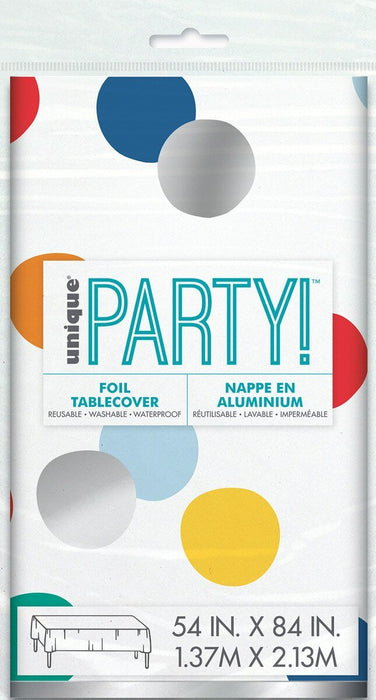 White foil tablecover with colorful polka dots in red, blue, gray, yellow, and light blue, measuring 54 by 84 inches, labeled as reusable, washable, and waterproof.