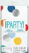 White foil tablecover with colorful polka dots in red, blue, gray, yellow, and light blue, measuring 54 by 84 inches, labeled as reusable, washable, and waterproof.