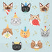 Illustrated napkins featuring colorful party cat faces wearing various festive hats and party accessories, scattered with confetti and gold foil accents on a light blue background.