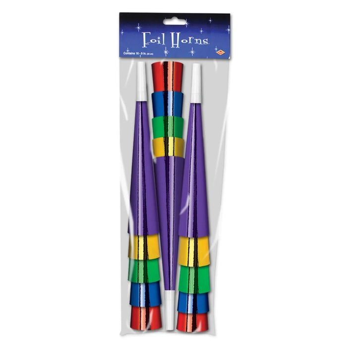 Package of 15 foil party horns in rainbow colors with white and purple striped designs, featuring red, blue, green, and yellow bands stacked vertically.