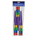 Package of 15 foil party horns in rainbow colors with white and purple striped designs, featuring red, blue, green, and yellow bands stacked vertically.