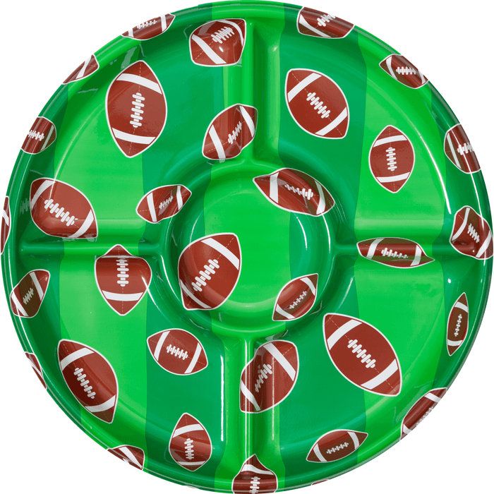 Bright green round serving tray with divided compartments featuring a repeating pattern of brown and white football designs.