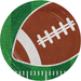 Brown football with white laces and gray stitching sits centered on a green grass field with white yard line markings around the border of a circular plate.