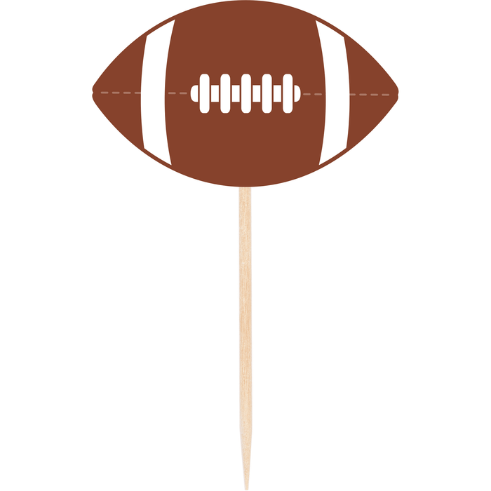 Brown football-shaped appetizer pick with white laces and stripes, mounted on a wooden stick.