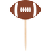 Brown football-shaped appetizer pick with white laces and stripes, mounted on a wooden stick.