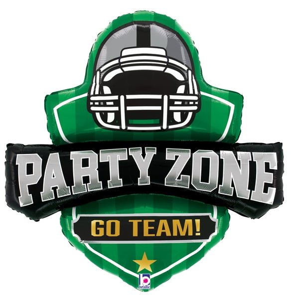 Green football helmet-shaped mylar balloon with "Party Zone" text and "Go Team!" banner in white and gold lettering.