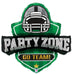 Green football helmet-shaped mylar balloon with "Party Zone" text and "Go Team!" banner in white and gold lettering.