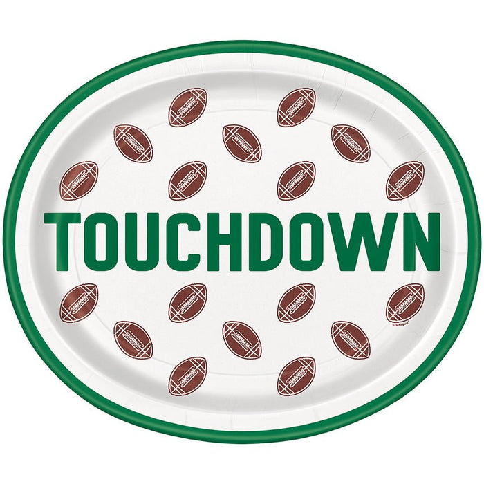 White oval plate with green rim featuring brown football icons around the border and large green "TOUCHDOWN" text in the center.