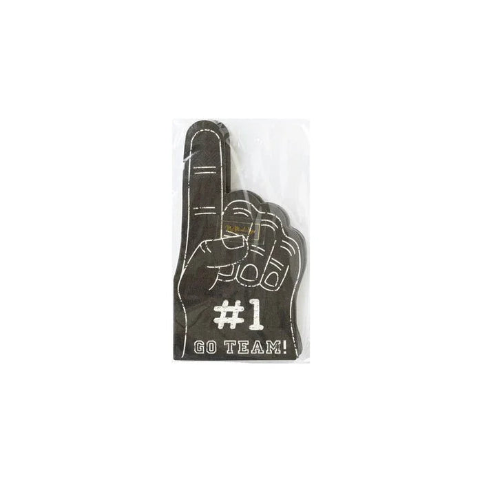 Black foam #1 finger hand gesture napkin with "GO TEAM!" text, displayed in clear cellophane packaging.