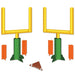 Yellow goal post centerpiece with two green padded bases, orange flag markers on sides, and a brown football at the base.