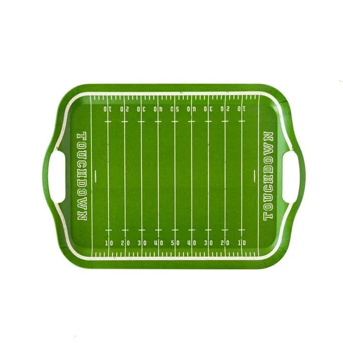 Green rectangular bamboo serving tray with white handles and white yard line markings mimicking a football field, labeled "Touchdown" on both long sides.