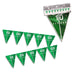 Green plastic pennant banner featuring football field yard line markings at 10, 20, 30, 40, and 50 yard lines, displayed both packaged and strung out in two rows.
