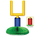 Yellow football goal post with blue cylindrical base and green pleated dome base, includes red cylinder back design shown in inset.