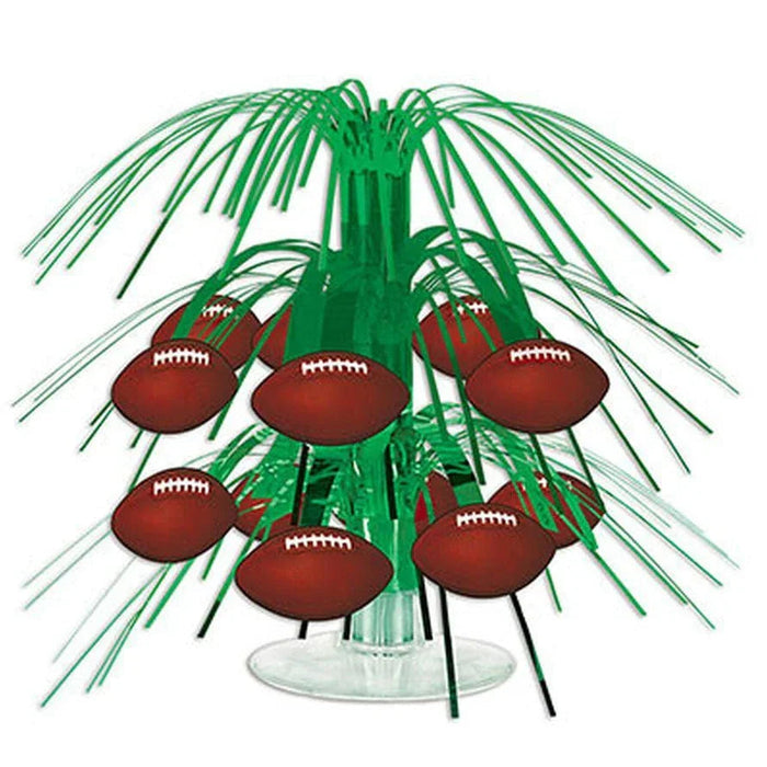 Green cascade centerpiece with six brown footballs featuring white laces hanging from green foil strands, approximately 7.5 inches tall.
