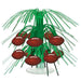 Green cascade centerpiece with six brown footballs featuring white laces hanging from green foil strands, approximately 7.5 inches tall.